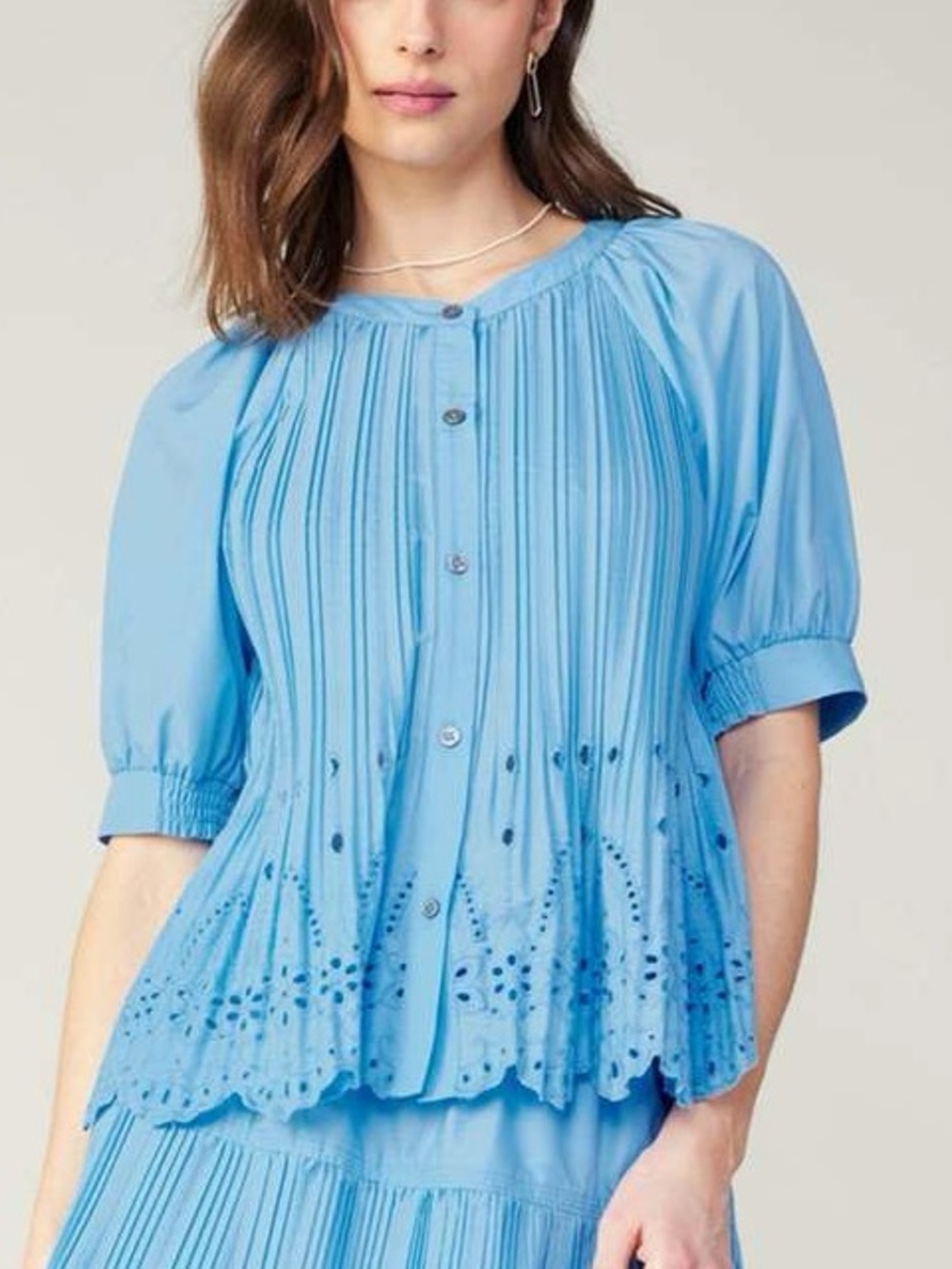 Current Air - Kimberly Light Blue Pleated Eyelet Blouse